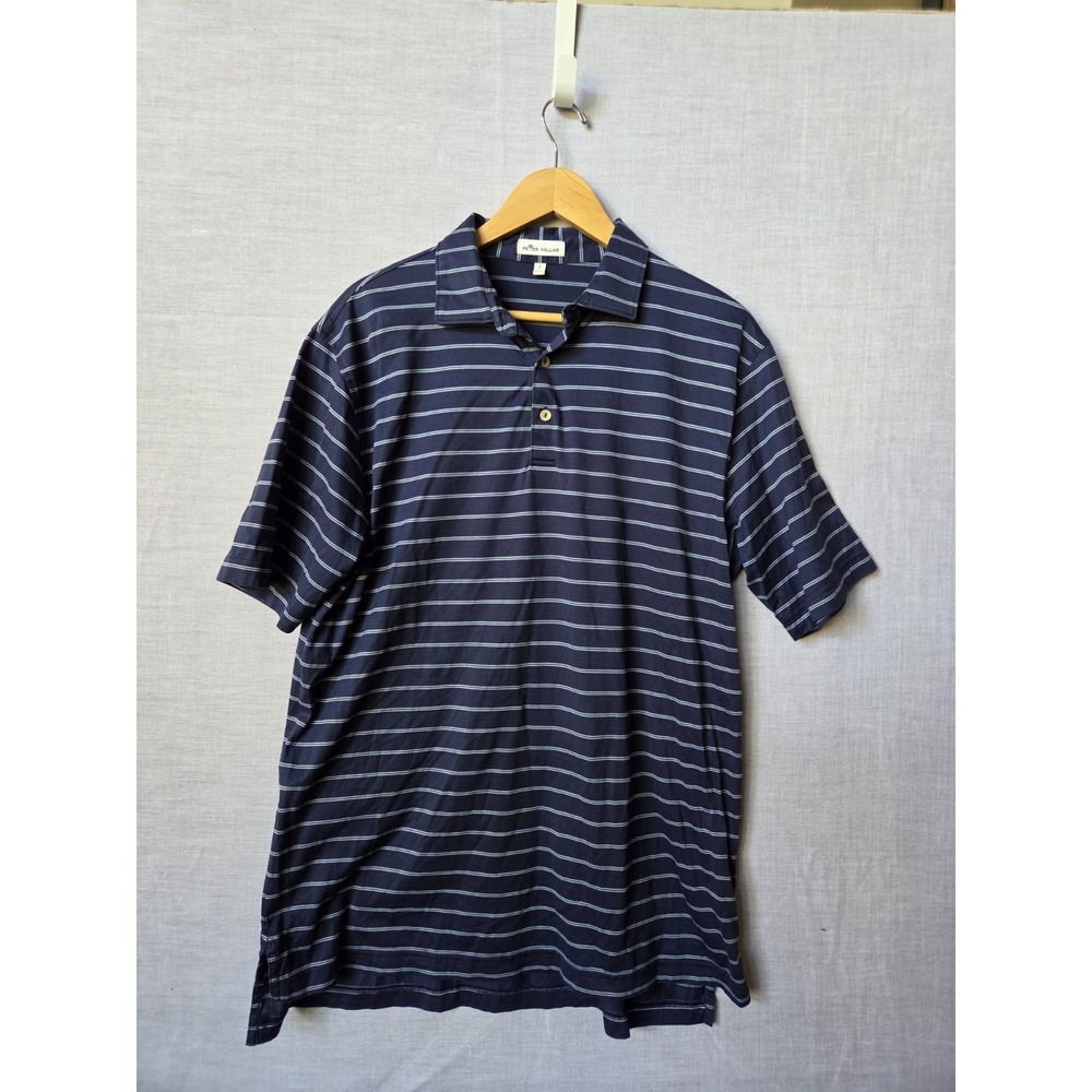 Peter Millar Polo Shirt Mens Size Large Navy  Light Blue Striped Cotton
